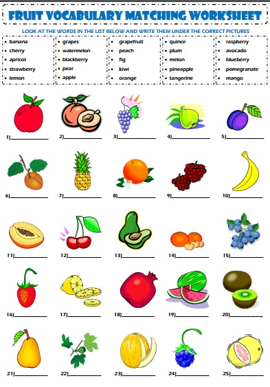 Вправа для вивчення назв фруктів. Подивіться на слова в списку і запишіть їх під відповідним зображенням