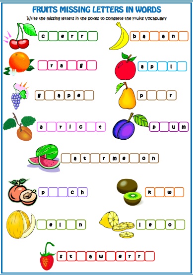 Вправа на вивчення назв фруктів. Напишіть пропущенні літери у назвах фруктів англійською мовою