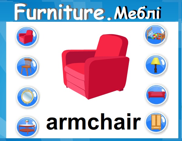 Furniture. Меблі - онлайн гра, таблиця з транскрипцією і перекладом, завдання для друку